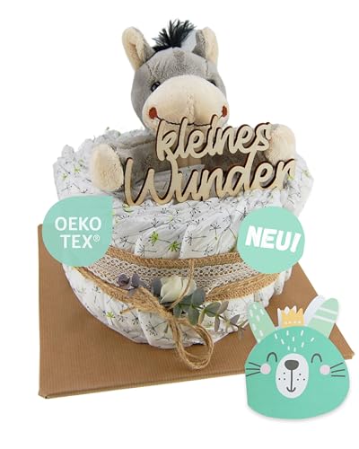 Windeltorte ® Vintage Torte [JUTE & HOLZ] - Jungen & Mädchen - Neutral Unisex - Geschenk zur Geburt - Baby Party - Babyshower - Pullerparty - Caketopper (Boho - Vintage - KLEINES WUNDER - 1-stöckig)