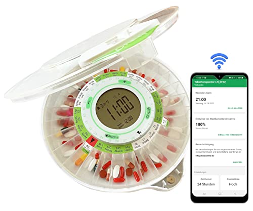 DOSECONTROL Smarter Tablettenspender mit Ladegerät und App, Deutsche Ringe, 9x Alarm, Modell 2021, Transparenter Deckel, Benachrichtigungen per Email