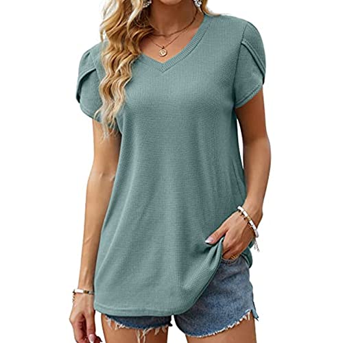 Damen V-Ausschnitt Petal Ärmel Tunika Tops Kurzärmelige Sommer Casual Tshirts Solide Farbe Lose Bequeme Tee-Shirts (Grün,XXL)