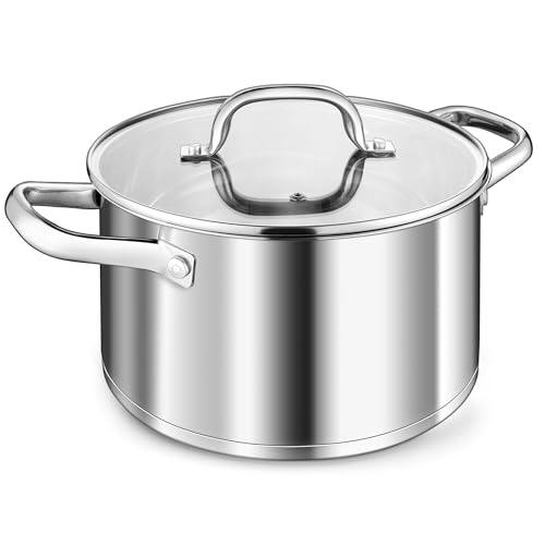 TEAMFAR Kochtopf, 4,7L Edeastahl Topf Suppentopf Induktion mit Glasdeckel, aus 3-Lagen Boden für alle Herdarten, 22cm Nudeltopf Fleischtopf zum Kochen, Unbeschichtet & Ungiftig, Spülmaschinenfest