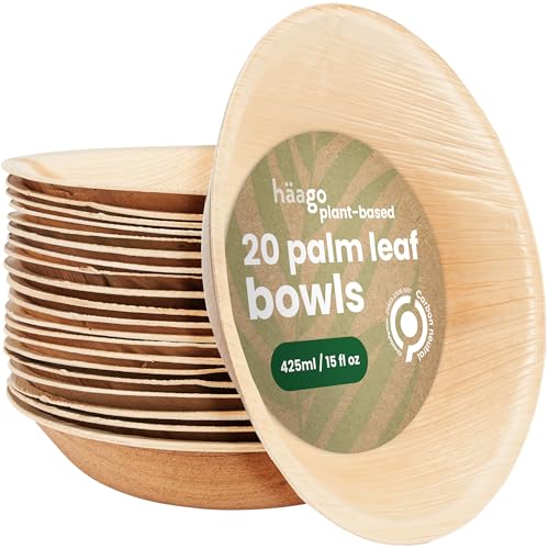 HAAGO Palmblattschalen (450ml, quadratisch) Kompostierbar & Einweg - Umweltfreundliches Picknick- & Outdoor-Geschirr - Gefrierschrank- & Mikrowellenfest (Rund 14 x 4 cm / 425 ml, 60)