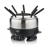 KHG Elektro-Fondue FO-800SE mit Edelstahl-Topf 1,8 L Silber für bis zu 8 Personen, variable Temperatureinstellung, 25x16cm Ideal für Fleisch, Käse oder Schokolade mit 8 Gabeln Spritzschutz 800 W