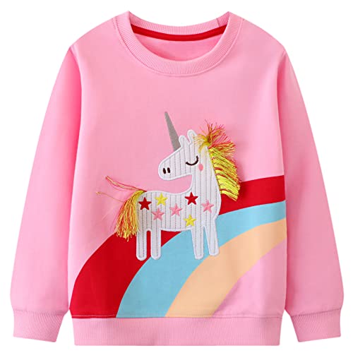 FILOWA Sweatshirt Kinder Mädchen Regenbogen Einhorn Sweatshirt Pullover Sport Rosa Langarm Warm Baumwolle Top Sweatshirt 6-7 Jahre,Gr.116-122