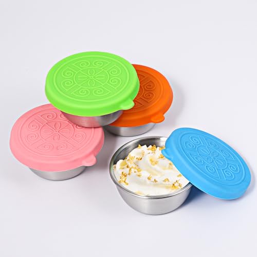 4 Stk Kleine Salatdressing Behälter, 50ml Edelstahl Gewürzbehälter, Kleine Saucenbehälter mit Silikondeckel, Mini Dip Lebensmittelbehälter Dose Auslaufsichere, für Snack Dips Salat Gewürze Becher