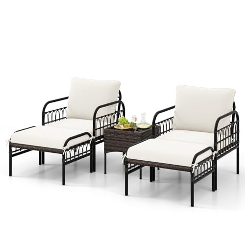 GIANTEX 5 TLG. Gartenmöbel Set, Rattan Garten Lounge Set 2 Rattansessel mit Hocker, inkl. Kissen, Balkonmöbel Kleiner Balkon, Lounge Möbel Outdoor Terrassenmöbel mit Tisch, Gartengarnitur Sitzgruppe