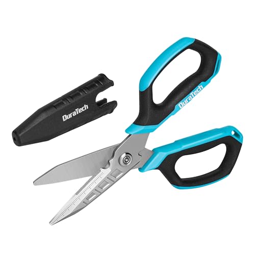 DURATECH Multifunktionsschere 4 in 1, Schwerlast Schere, Edelstahl Schere mit Gebogener und Gezahnter Klinge, mit Drahtschneider, Kartonöffner und Schutzkappe, für Stoff, Teppich, Leder, Karton