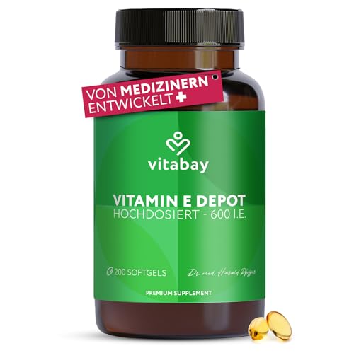 Vitabay Vitamin E 600 IE Depot Hochdosiert - 200 Vitamin E Kapseln Vegan & Laborgeprüft mit Tocopherol und Tocotrienol - Vit E trägt dazu bei, die Zellen vor oxidativem Stress zu schützen