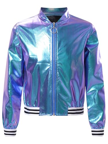 iEFiEL Kinder Jungen Mädchen Metallic Baseball Jacke Kurz Wetlook Jacke Langarm College Sweatjacke Vintage Disco Outfits Y2K Kostüm für Karneval Halloween Party Bunt A 134-140