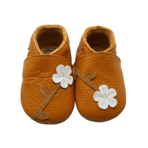 SAYOYO Weicher Leder Lauflernschuhe Krabbelschuhe Babyhausschuhe Kleinkind Lederschuhe Jungen und Mädchen,21/22 (12-18) L Monate,Braun Blume