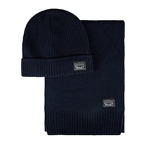 Levi's Klassische Wintermütze und Schal für Herren, Strickmütze und Schal, Marineblau, gerippt, Einheitsgröße