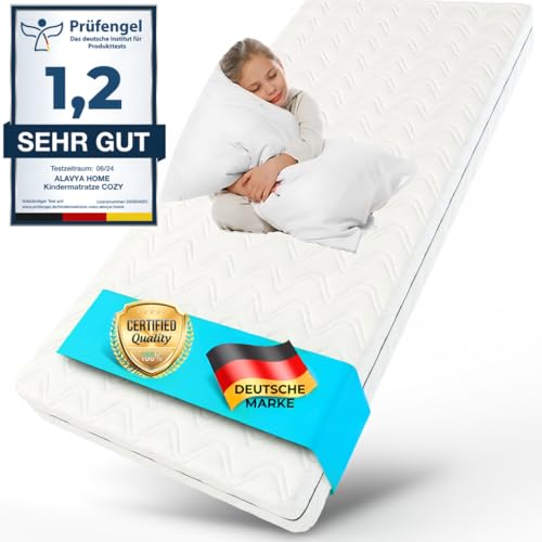 ALAVYA HOME® Kindermatratze 90x190 mit waschbarem Baumwolle Bezug I ÖkoTex Zertifiziert Nachhaltig auf Schadstoffe geprüft Kaltschaum Matratze 90x190 für Kinderbett mit 12cm hoch I Made in EU