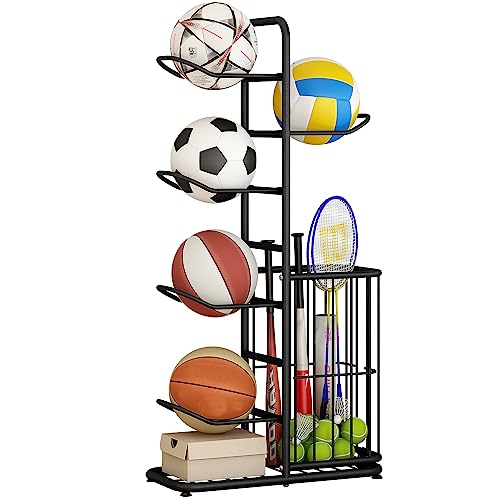 Garage Organizer Für Sportgeräte, Basketball Aufbewahrungsregal, Abnehmbares Standing Rack Halter with 5 Ball Ständer Und Körben, Aufbewahrung Regal Für Rugby Volleyball Fußball Display