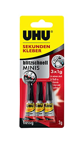 UHU Sekundenkleber blitzschnell MINIS – Super schneller und extrem starker Flüssigkleber in praktischen Mini-Tuben – 3 x 1 g