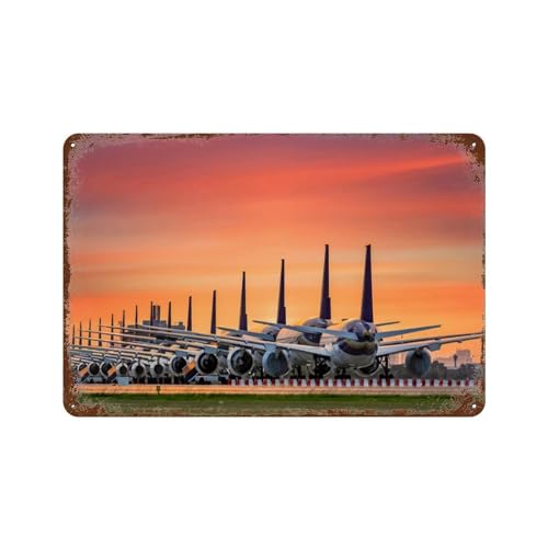 Geparkte Flugzeugflotte am abendlichen Flughafen,Metall-Poster, Vintage-Kunst, Wand-Blechschild für Café, Bar, Kneipe, Zuhause,20 x 30 cm (8 x 12 Zoll)-211