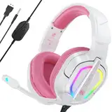 Fachixy FC200 Gaming-Headset für PS5, PS4, PC, Xbox One, Geräuschunterdrückung, Gaming-Kopfhörer, Headset mit Stereo-Mikrofon-Sound mit 3,5-mm-Klinkenstecker mit RGB-Licht - Weiss-ROSA