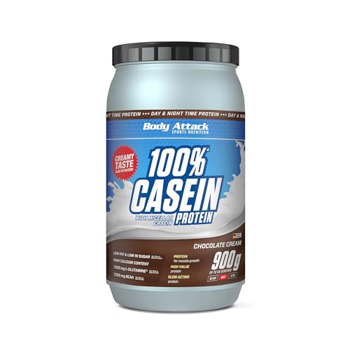 Body Attack 100% Casein Protein - Chocolate Cream, 900g Eiweißpulver - reich an essentiellen Aminosäuren - Muskelaufbau und Erhalt, Low Sugar - für Sportler, Athleten & Figurbewusste