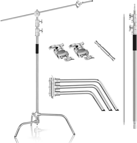 EMART C Stand mit Boom Arm, 300 cm Verstellbares Edelstahl-Beleuchtungsstativ mit 128 cm Haltearm, Kugelgelenk und Verstellbarem Bein für Reflektor, Softbox, Monolight, Regenschirm