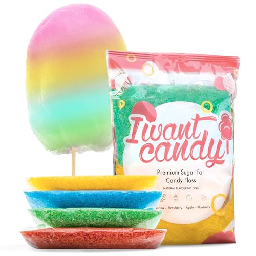 4 x 200 Gramm Zuckerwatte Zucker für Zuckerwattemaschine (800 Gramm gesamt) | Apfel, Banane, Blaubeere, Erdbeere | Natürliche Aromen und Farbstoffe ohne AZO | Zuckerwatte Zucker Set von I WANT CANDY®