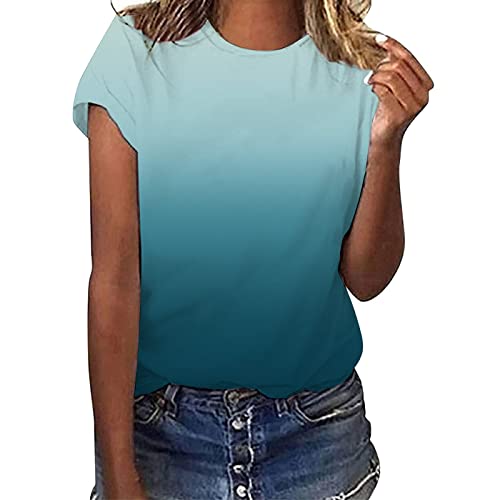 Damen-Kurzarmt-Shirt Womens Daily Summer Print O Neck Tanktops Kurzarm Workout Shirts Lässige lose T-Shirts Damen Bluse Kurzarm Sommer (Light Blue, S)