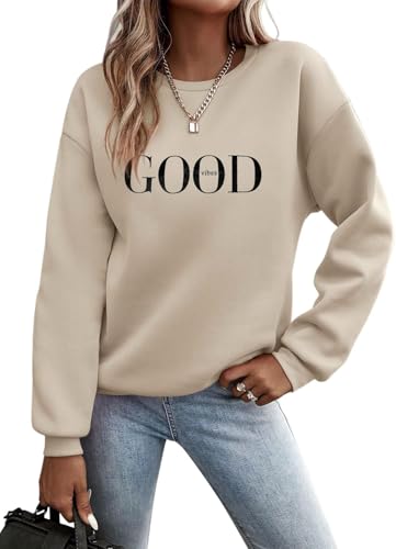 TrendiMax Pullover Damen Herbst Übergangs Sweatshirt Briefe Drucken Rundhals Langarm Pulli Locker Casual Oberteile Streetwear Sweatshirts ohne Kapuze (M, Aprikose)