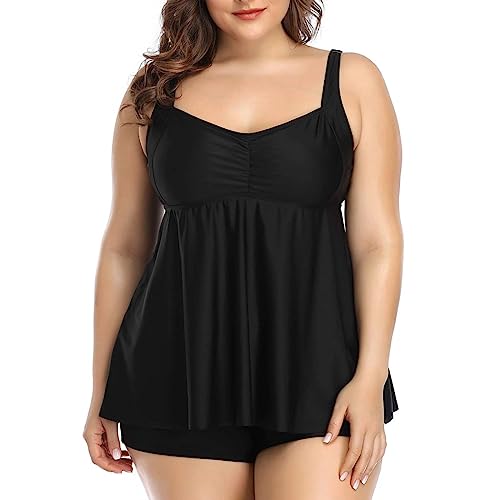 VBEDKDEB Tankini Damen Zweiteilig Bauchweg Plus Size Rückenfreier Strandbadeanzug Cool Tank Top (Black, XXXL)
