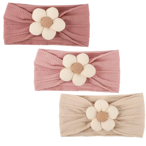 DRESHOW Stirnband Baby Mädchen Dehnbare Nylon Stirnbänder Handgefertigte Blumen Haarband for Neugeborene Kleinkinder Kinder 3 Stück