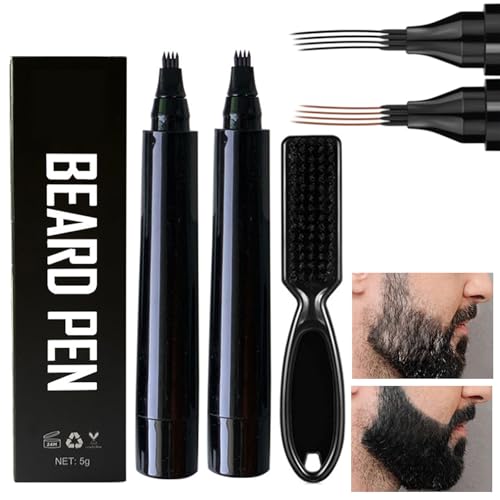 Bartfüllerstift,Bartfüller Stift,2pc Bartfüller Stift Set,Wasserfester Bartstift,Beard Pencil Filler for Men with Bristle Beard Brush,für Schnurrbart & Augenbrauen(Dunkelbraun/Schwarz)