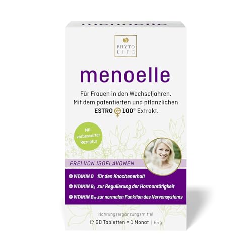 menoelle® Wechseljahre Tabletten, pflanzlich mit EstroG-100 Extrakt. Bei Hitzewallungen, Schlaflosigkeit und weiteren Symptomen. Hormonfrei, Vegan ohne Nebenwirkungen. 60 Tab./ Monat