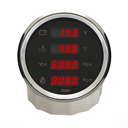 KUS Universal 85 mm digitales 4-in-1-Multifunktionsmessgerät Voltmeter Wassertemperatur Öldruck Drehzahlmesser für Boot Auto Motorrad