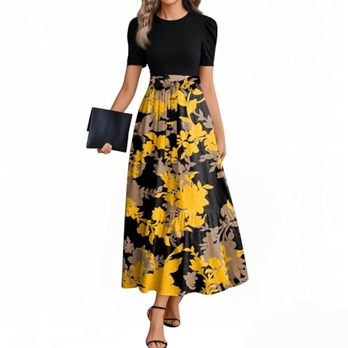 XIADUOBAAN Kleider Damen Sommer Lang Blumen Sommerkleider Leicht Und Luftig Rüschen Elegantes Damen Maxikleid Mit Blumenmuster Kurzarm Hochwertiger Stoff Perfekt Für Sommer Und Freizeit