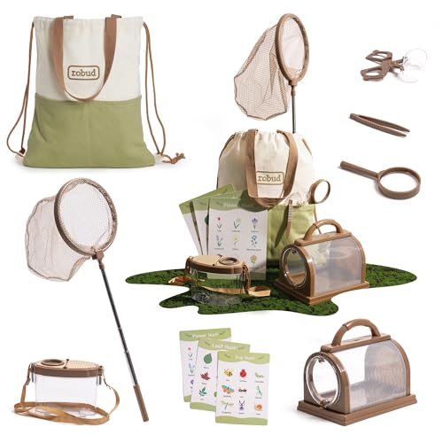 ROBUD Forscherset für Kinder, Entdecker Set mit Insektenfänger, Lupe, Insektenbeobachter, Schmetterlingsnetz, Tragetasche, Spielzeug Geschenke für Jungen Mädchen ab 3-5-8-12 Jahren