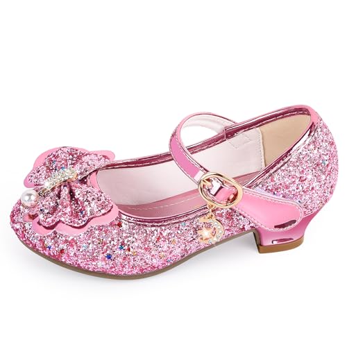 IEEILULU Prinzessin Schuhe Mädchen, Glitzer Schuhe Mädchen, Kristall Schuhe Mädchen mit Klettverschluss, Pailletten Schuhe mit Krawatte für Karneval, Hochzeit, Maskerade (Rosa-29)