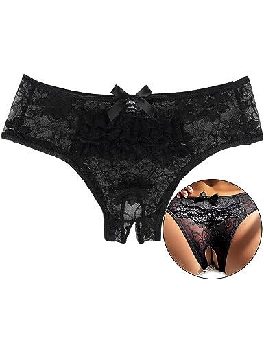 ohyeahlady String Tanga Damen Sexy Höschen Ouvert Slip Spitze Unterwäsche Dessous mit Offener Schritt Große Größen Panty Hipster Soft Blumen Loch Unterhosen Übergröße Schwarz,L