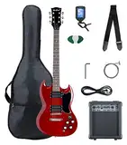 McGrey Rockit Double Cut Komplettset E-Gitarre (8-teiliges Anfängerset mit Gitarre, Verstärker, Ersatzsaiten, Gitarrentasche, Stimmgerät, Plektren, Gurt und Gitarrenkabel) Cherry Red