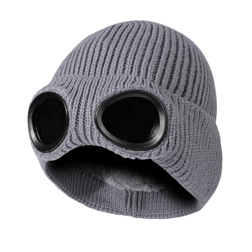 TAGVO Winter Warme Strickmütze, Winddichte Thermo Weiche Fleecefutter Skifahren Wandern Laufen Mütze mit Abnehmbarer Schutzbrille, Slouchy Thick Skull Cap für Männer Frauen Erwachsene Outdoor Sport