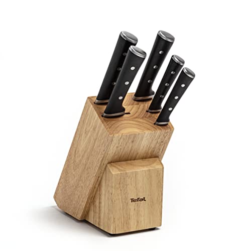 Tefal K232S5 Ice Force Messerblock aus Holz | 5 Messer | Brotmesser 20 cm | Chefmesser 20 cm | Santokumesser 18 cm | Gemüsemesser 11 cm | Tranchiermesser 9 cm | Braun/Schwarz/Edelstahl