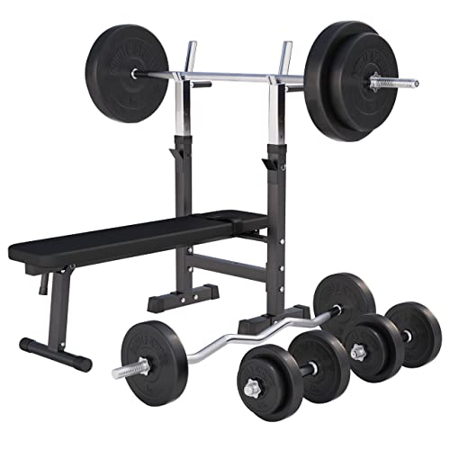 GORILLA SPORTS® Hantelbank - inkl. Hantelset 38/70/100kg, Ablage, Dip-Station, Höhenverstellbar, Klappbar, bis 200kg, Schwarz/Weiß - Trainingsbank mit Langhantelset, Drückerbank, Schrägbank, Flachbank