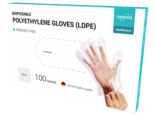 EUROPAPA 100 Stück Vorteilspack LDPE Einweghandschuhe in Box Einmalhandschuhe latexfrei puderfrei Handschuhe in Herren Größe (Herren-100)