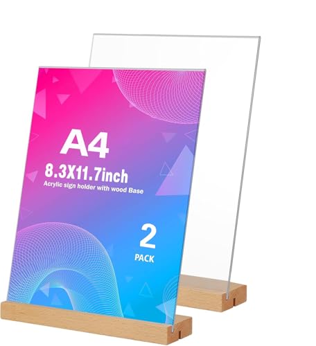 Aufsteller A4 Holz L&T Form, 2 Stück Tischaufsteller A4 Preisschilder Aufsteller mit Holzfuß Acryl Fotoaufsteller Werbeaufsteller Display mit Holzfuß für Werbung Menükarte Hochzeit Cafe Restaurant