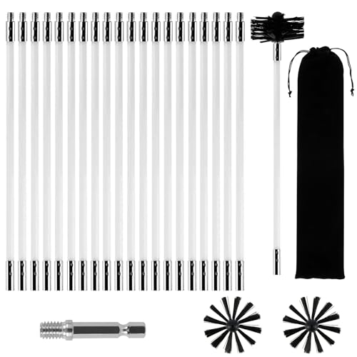 24PCS Kaminbürste Stange Set,Kaminbürste 150mm,Kaminrohr Reinigungsbürste,Schornstein Reinigungsbürsten Kit,mit 20 Flexible Stangen 410mm,2 Bürstenkopf,1 Bohrverbinder+Zubehör, für Kamin Trockner