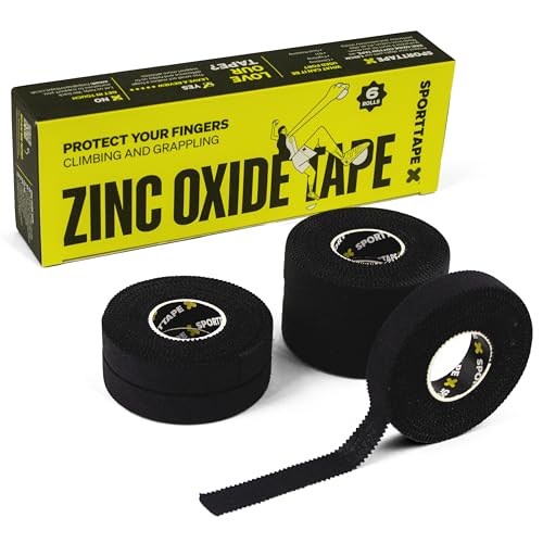 SPORTTAPE 6 Rollen Klettertape 1,25 cm x 10 m - schwarz - Fingertape und Sport tape für Klettern Bouldern, Jiu-Jitsu | Physio tape für Handball, Volleyball zubehör, tape fussball, Torwart Fingerband