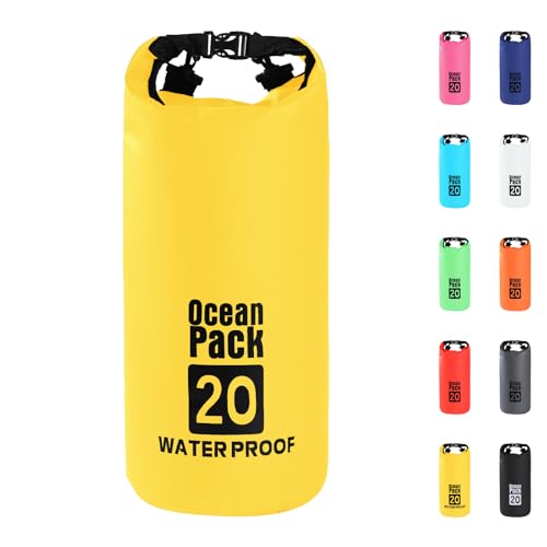 20L Gelb Wasserdichte Tasche, Dry Bag 2L/5L/10L/15L/20L/30L mit Verstellbarem Gurt, Schützt Telefon/Karte, Roll Top Wasserdichter Beutel Rucksack für Schwimmen/Rafting/Kajak/Bootfahren/Camping/Strand