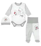 TupTam Baby Mädchen Jungen Bekleidungsset Langarmbody Hose Mütze mit Aufdruck Spruch 3 teilig, Farbe: Streifenmuster Grau/Bärchen Herz, Größe: 56