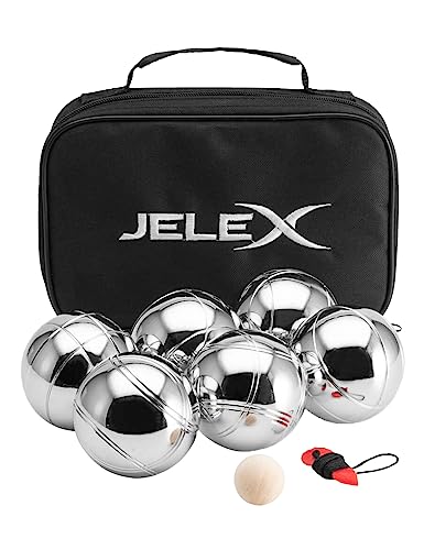 JELEX Throwback Boccia Boule 6er-Set Metall-Kugeln mit DREI verschiedenen Musterungen, Abstandsmesser, Holz-Markierungskugel, inkl. Tragetasche mit Tragegriff, für Erwachsene und Kinder