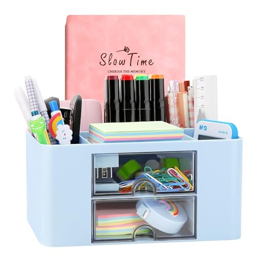 Kreativer & einfacher Schreibtisch Organisator, 6 kariert, Kunststoff Tisch Organisator mit Schublade, multifunktionaler Schreibtisch Organisator, Stifthalter für Schule, Büro, Zuhause (Blau)