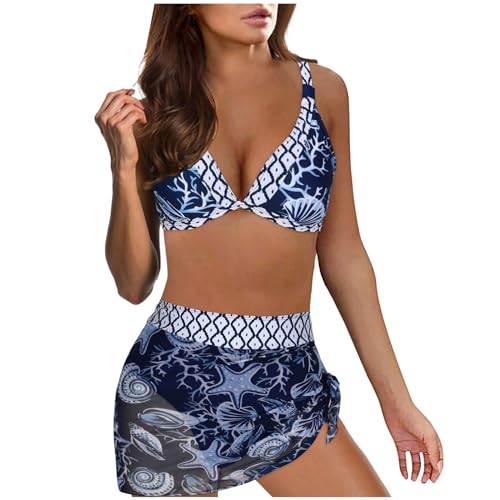 KBOPLEMQ Bikini Damen Set Push Up Bikini Mit Rock 3 Teilig Triangel Bikini Set Sexy Neckholder Bikini Swimsuit Mit Blumen Bademode Strandmode Sexy Boho Strand Swimsuits Set Sexy Badeanzug
