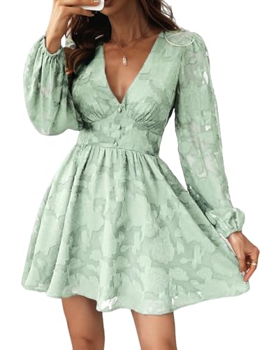 CUPSHE Damen Kleid Spitzenkleid V Ausschnitt Knöpfen Langarm Floral Spitze Freizeitkleider Elegant Party Mini Dress Lichtgrün M