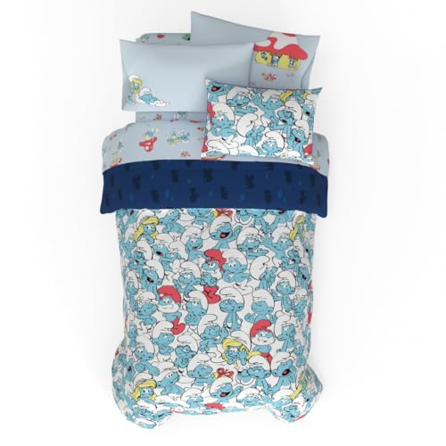 Franco The Smurfs Kinder-Bettwäsche-Set, superweich und gemütlich, wendbar, Mikrofaser, mit Kissenbezug, 5-teiliges Doppelbett, offizielles Lizenzprodukt