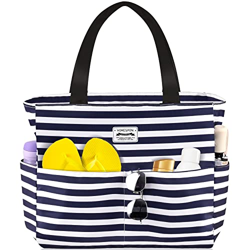 HOMESPON Große Strandtasche Damen mit Reißverschluss Wasserdicht Badetasche XXL Familie Beach Tote Bag, Blau/Weiß gestreift