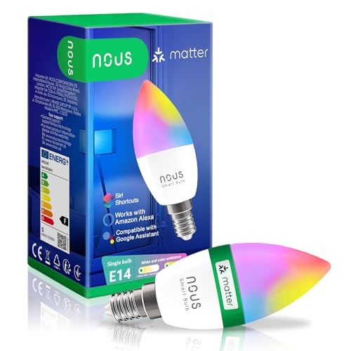 NOUS P4 Smarte WIFI Glühbirne RGB E14, Kompatibel mit Matter, Alexa, Google Home & Apple HomeKit, Smart Home, Fernbedienung, LED Lampe Farbwechsel, Glühbirne Farbwechsel, RGB Glühbirne, 2.4 GHz WiFi